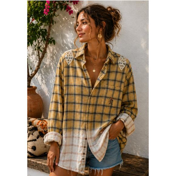 Vintage Tops - Vintage Alexander Julian Plaid Lace Upcycled Shirt XL Boho Cottagecore
